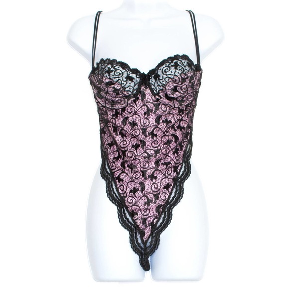 Victoria's Secret Other - Victorias Secret Womens Teddy Lingerie Lace Thong Black Pink 34D HE